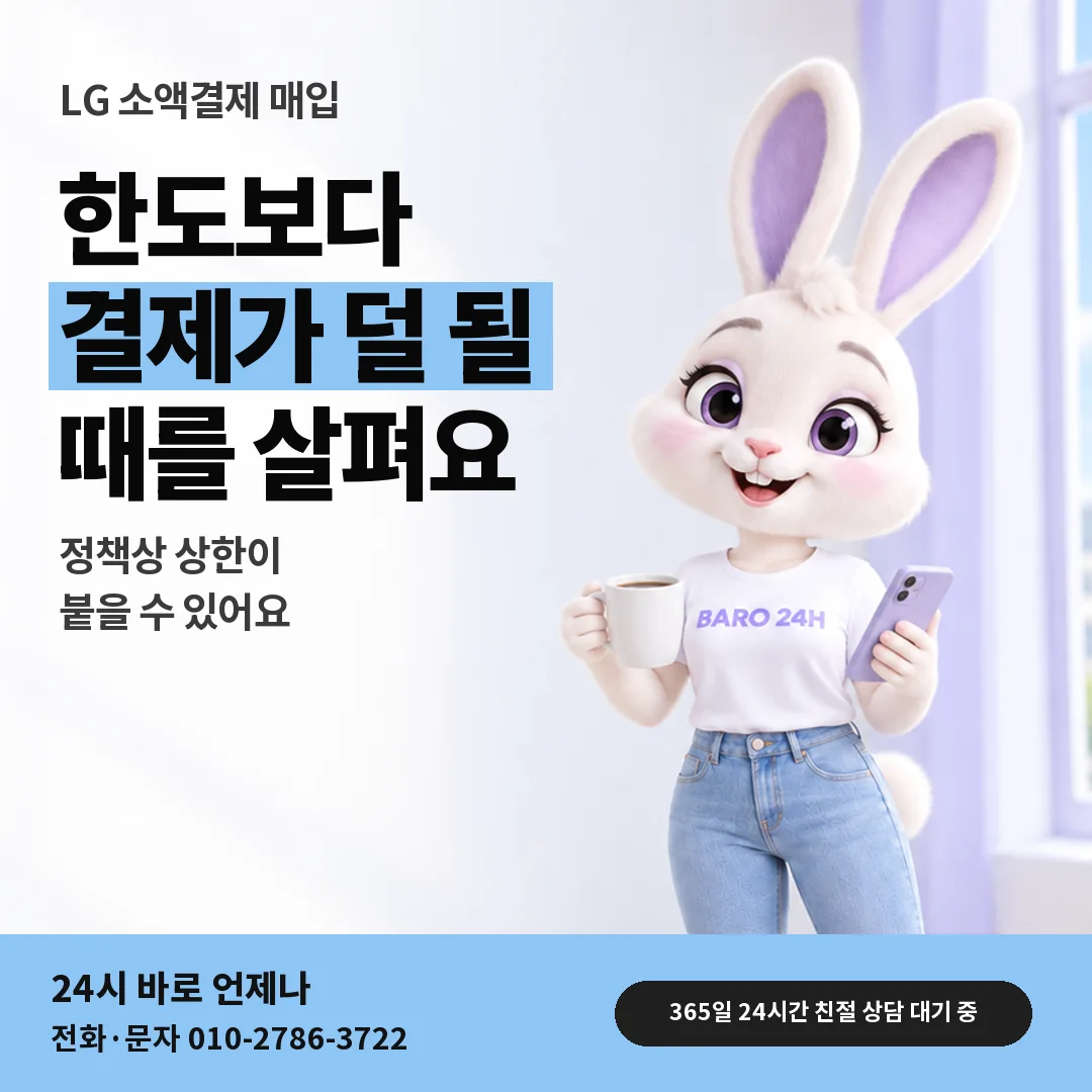 휴대폰을 보며 웃는 BARO 24H 티셔츠를 입은 3D 토끼 캐릭터 옆에 「LG 한도와 실제 결제 상한」 제목을 얹은 안내 카드