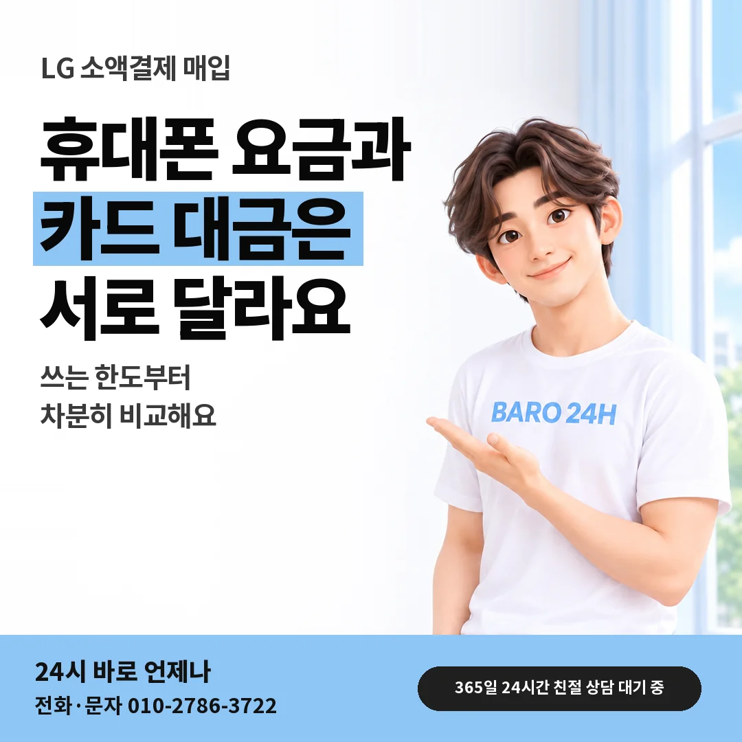 BARO 24H 티셔츠를 입은 3D 인물 옆에 「LG 카드깡과 매입 구별」 제목을 얹은 안내 카드