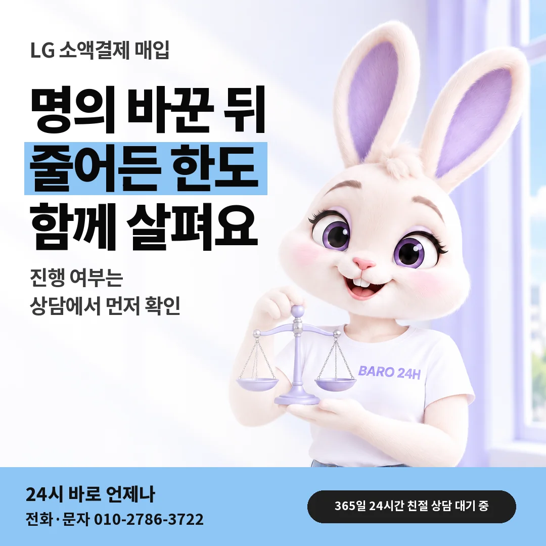저울을 든 BARO 24H 티셔츠를 입은 3D 토끼 캐릭터 옆에 「LG 명의 변경 직후 한도」 제목을 얹은 안내 카드