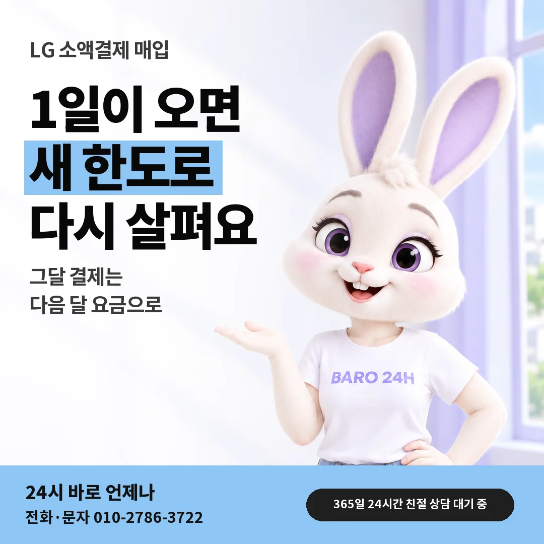 BARO 24H 티셔츠를 입은 3D 토끼 캐릭터 옆에 「LG 매달 1일 한도 갱신」 제목을 얹은 안내 카드